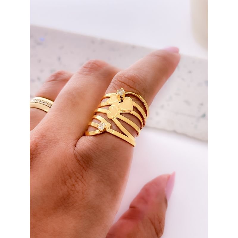ANEL FOLHEADO DOURADO - CORAÇÕES Tamanho:19