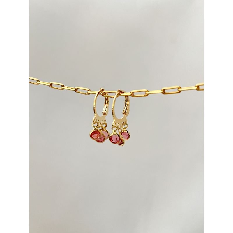 BRINCO ARGOLINHA FOLHEADA A OURO - 3 ZIRCONIAS DE TIFANY ROSA