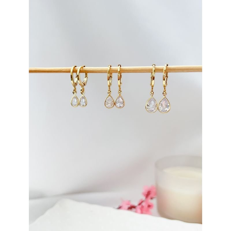 BRINCO CARTELA TRIO FOLHEADO A OURO - ARGOLINHAS ZIRCONIA GOTA