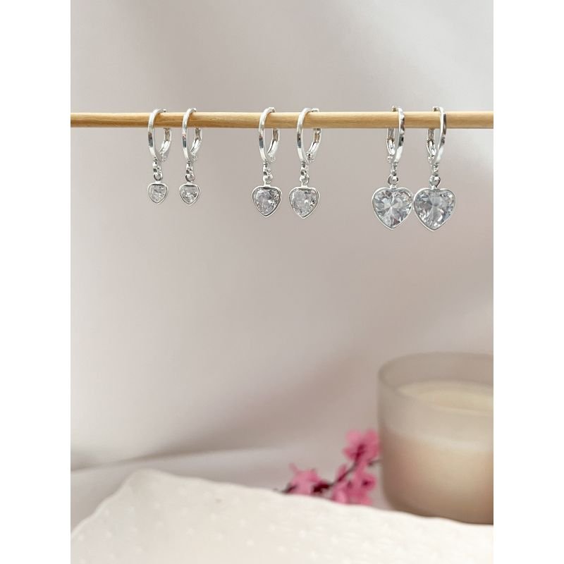 BRINCO CARTELA TRIO FOLHEADO A PRATA - ARGOLINHAS ZIRCONIA CORAÇÃO