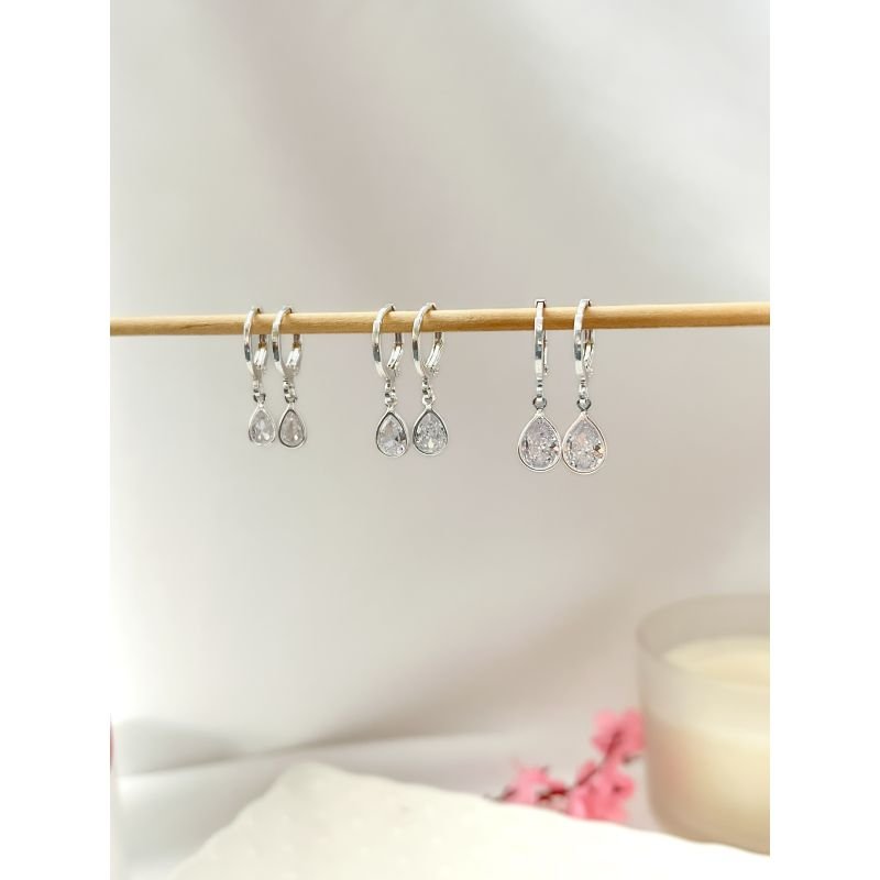 BRINCO CARTELA TRIO FOLHEADO A PRATA - ARGOLINHAS ZIRCONIA GOTA