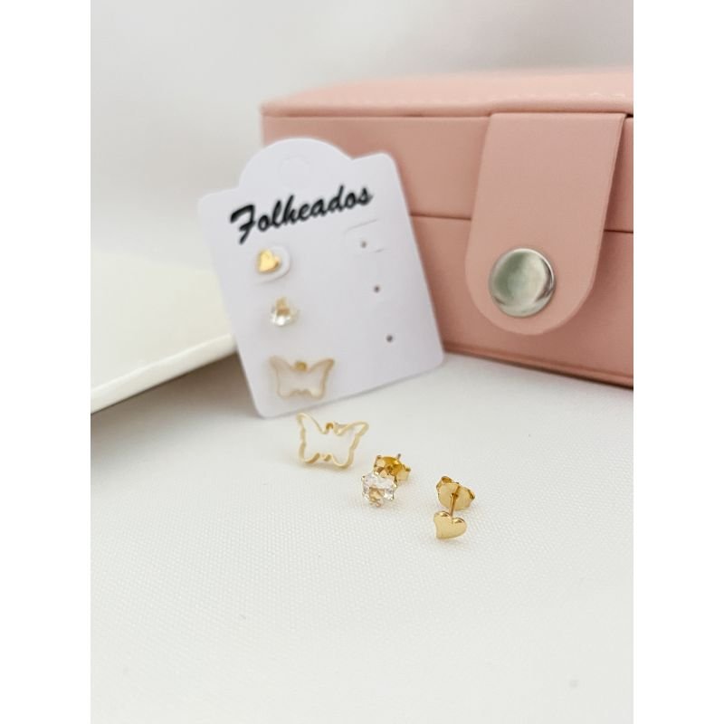 BRINCO CARTELA TRIO FOLHEADO OURO 18K - CORAÇÃO BORBOLETA