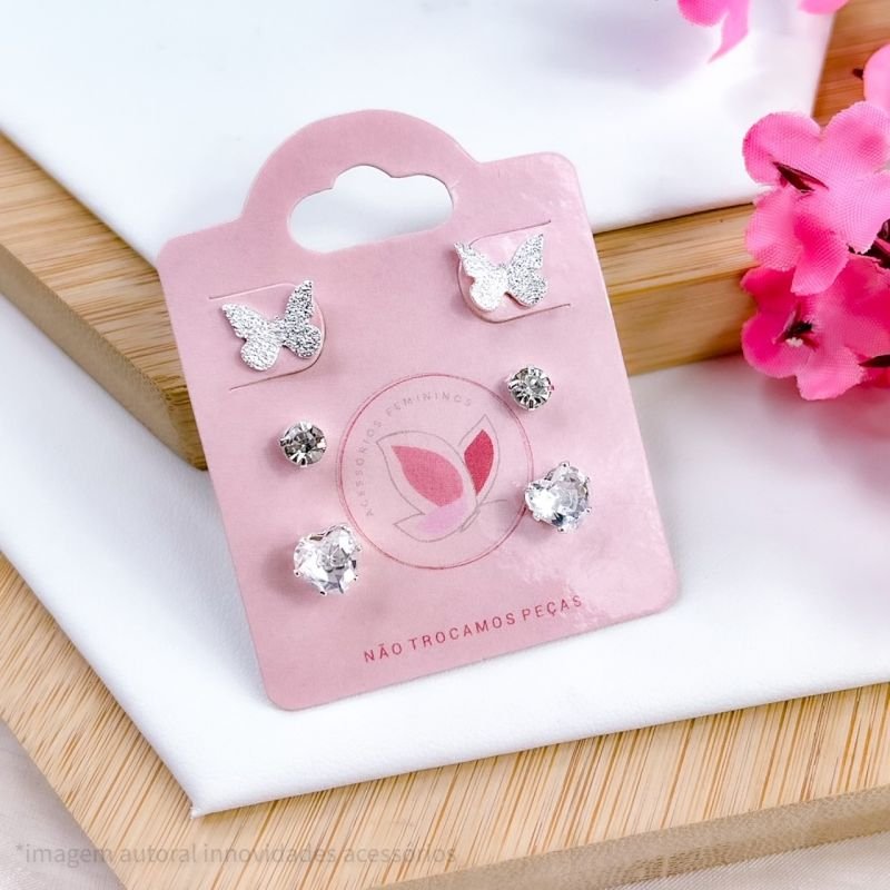 BRINCO FOLHEADO A PRATA TRIO BORBOLETA ZIRCONIA