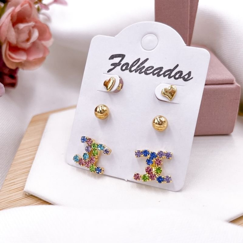CARTELA TRIO BRINCO FOLHEADO A OURO 18K - STRASS COLORIDO