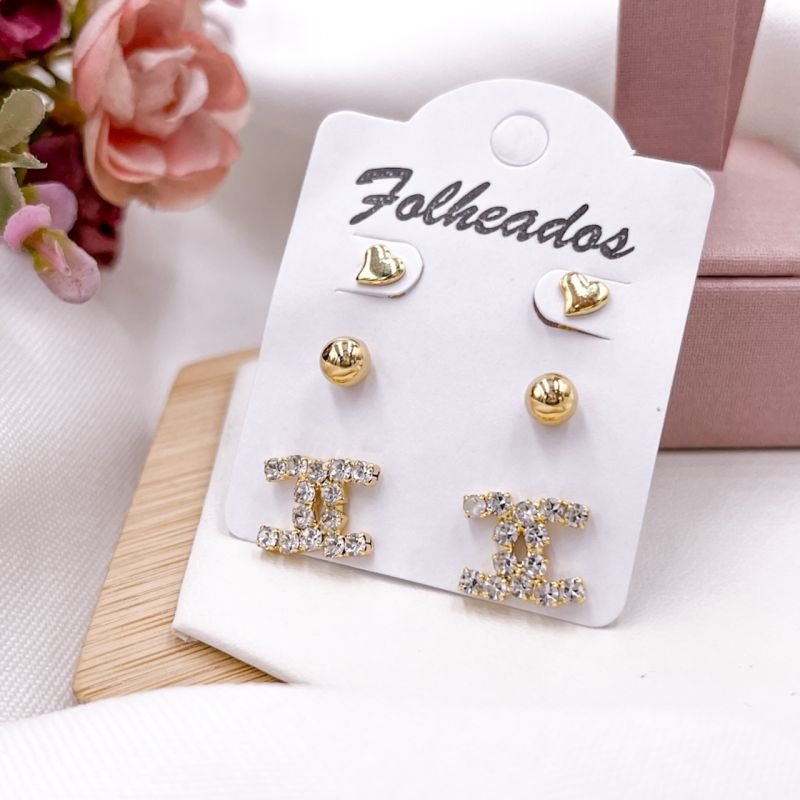 CARTELA TRIO BRINCO FOLHEADO A OURO 18K - STRASS CRISTAL