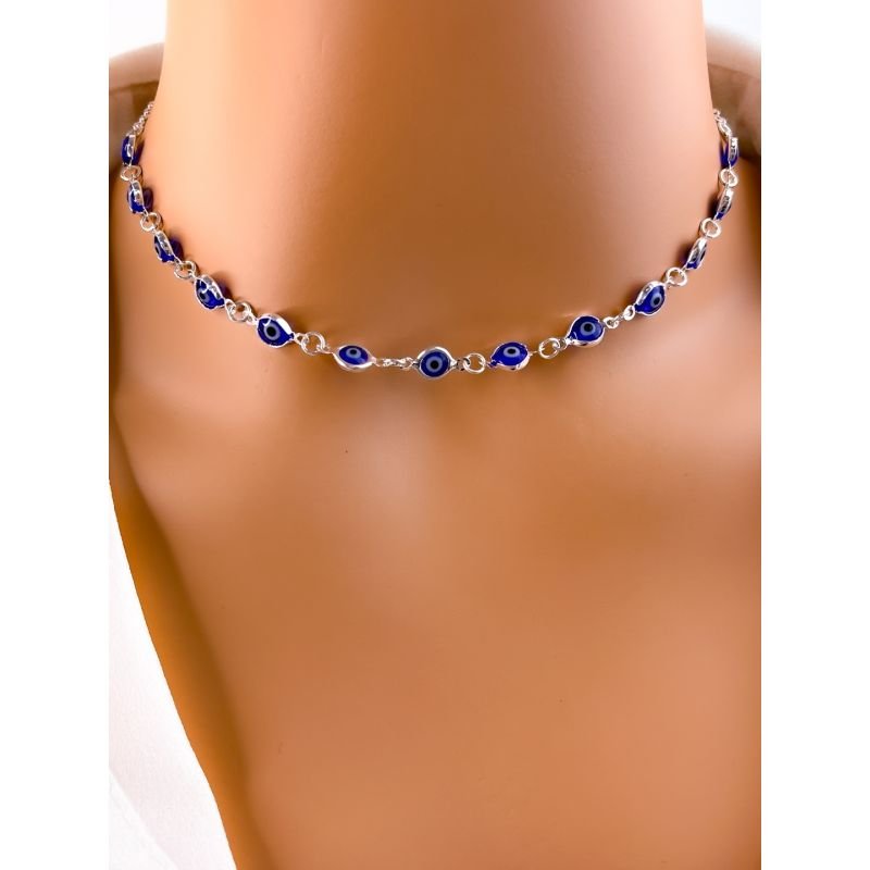 CHOKER FOLHEADO A PRATA - OLHO GREGO AZUL ESCURO