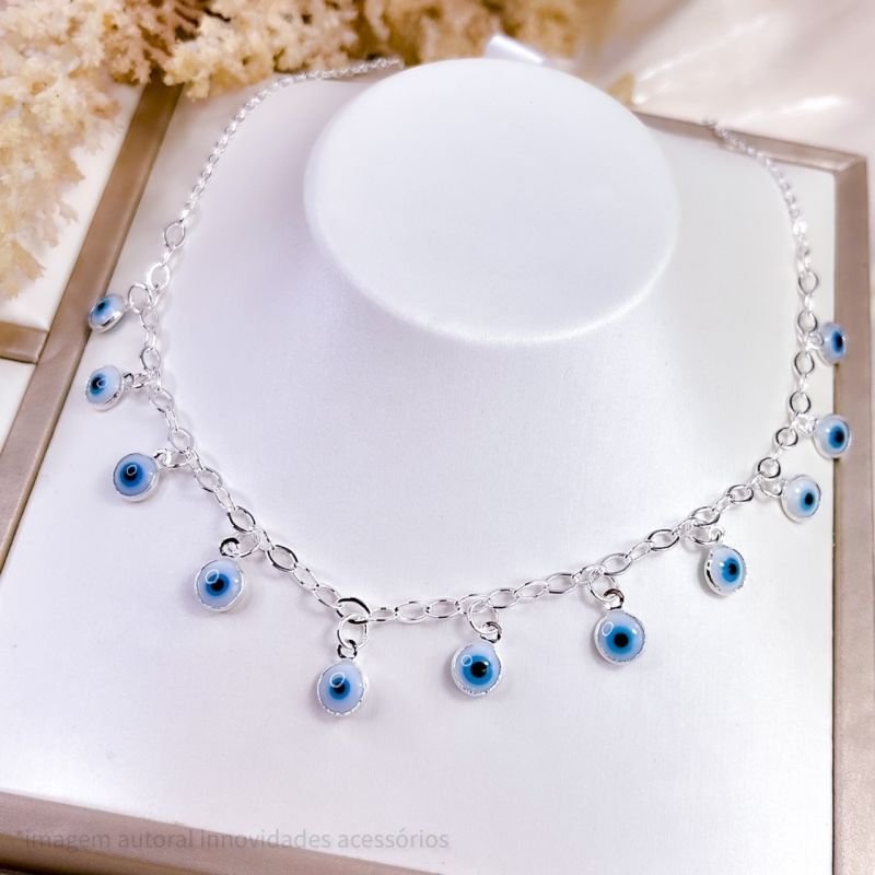 CHOKER FOLHEADO A PRATA OLHO GREGO CLARO