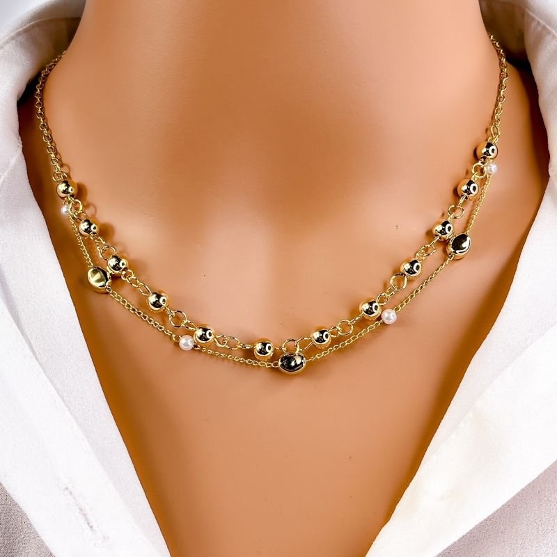 COLAR CHOKER FOLHEADO A OURO 18K - BOLINHAS E PEROLAS