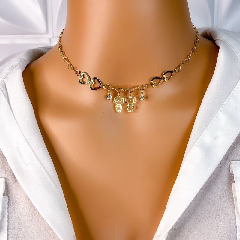 COLAR CHOKER FOLHEADO A OURO 18K - CORAÇÃO 2 MENINAS