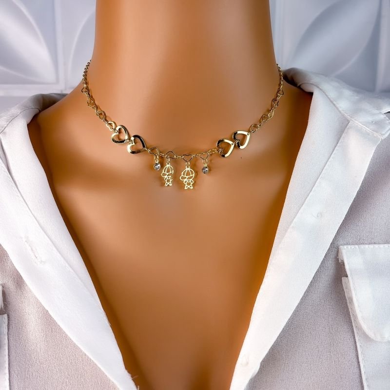 COLAR CHOKER FOLHEADO A OURO 18K - CORAÇÃO 2 MENINOS