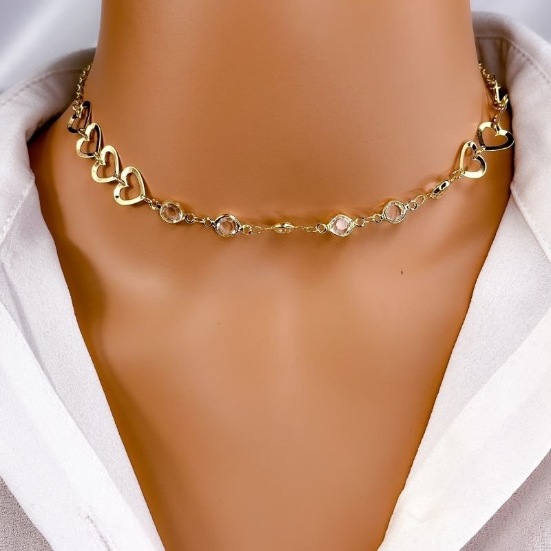 COLAR CHOKER FOLHEADO A OURO 18K - CORAÇÃO E TIFANY CRISTAL