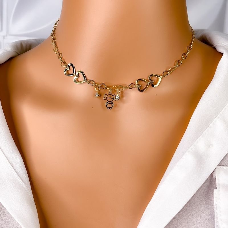 COLAR CHOKER FOLHEADO A OURO 18K - CORAÇÃO MENINA