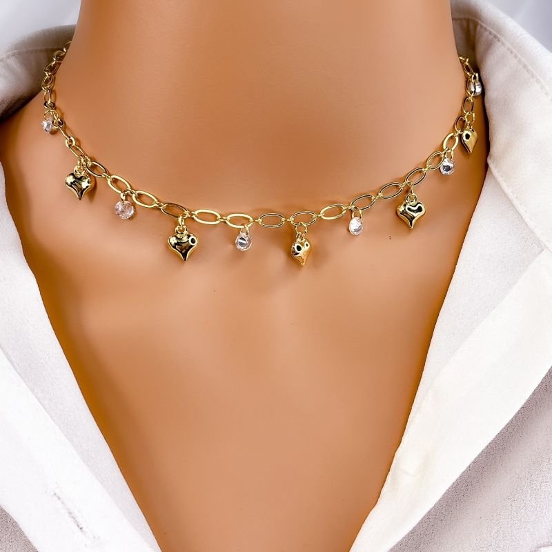 COLAR CHOKER FOLHEADO A OURO 18K - CORAÇÕES
