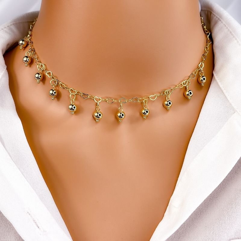 COLAR CHOKER FOLHEADO A OURO 18K - CORRENTE DE CORAÇÃO COM BOLINHAS