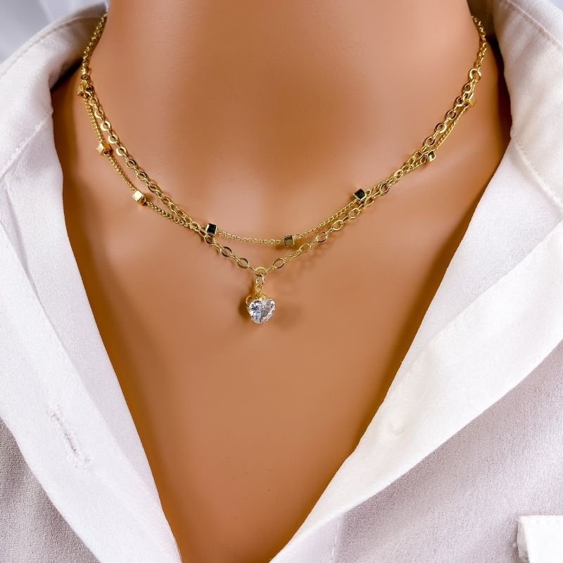 COLAR CHOKER FOLHEADO A OURO 18K - DUPLINHO COM CORAÇÃO ZIRCONIA