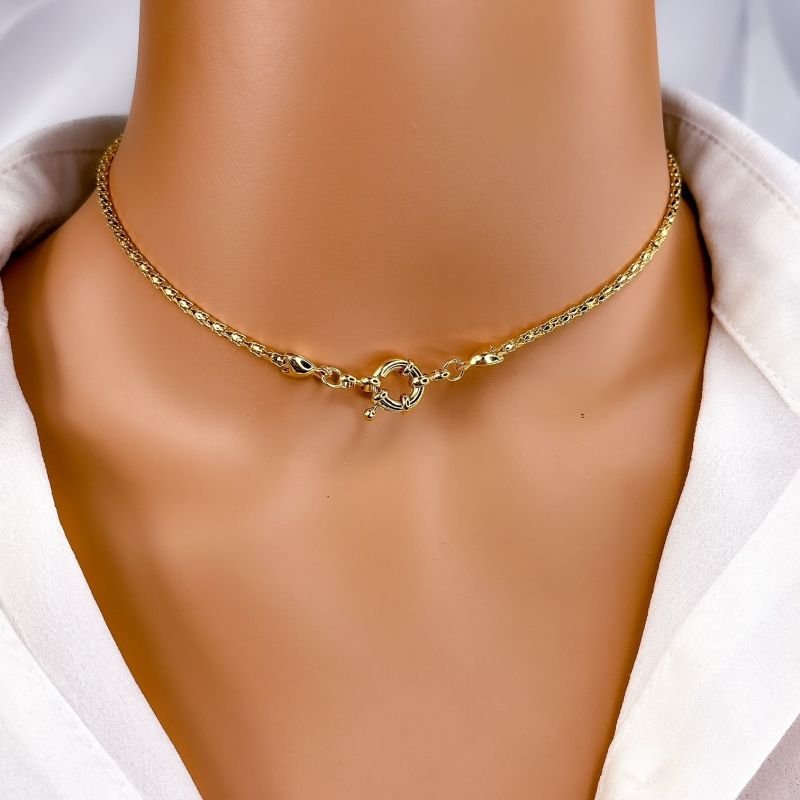 COLAR CHOKER FOLHEADO A OURO 18K - FECHO BOIA