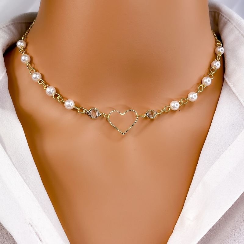 COLAR CHOKER FOLHEADO A OURO 18K - PEROLA E TIFANY COM CORAÇÃO