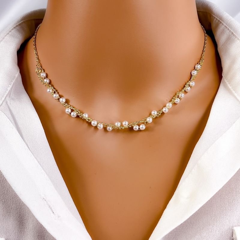 COLAR CHOKER FOLHEADO A OURO 18K - PEROLAS