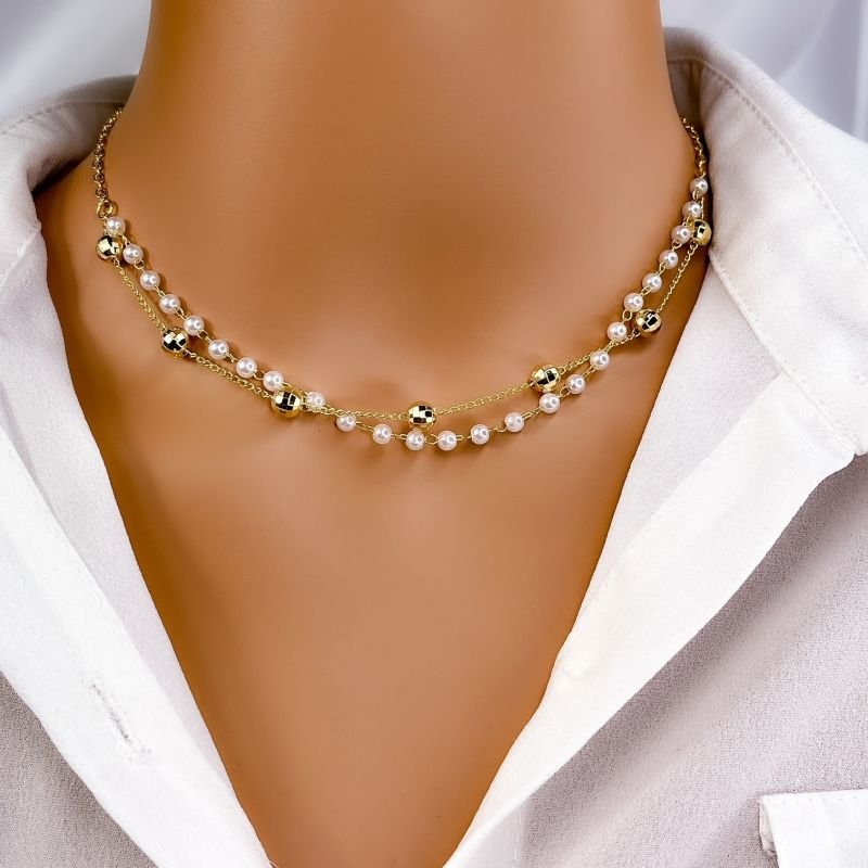 COLAR CHOKER FOLHEADO A OURO 18K - PEROLAS DELICADO COM BOLINHAS