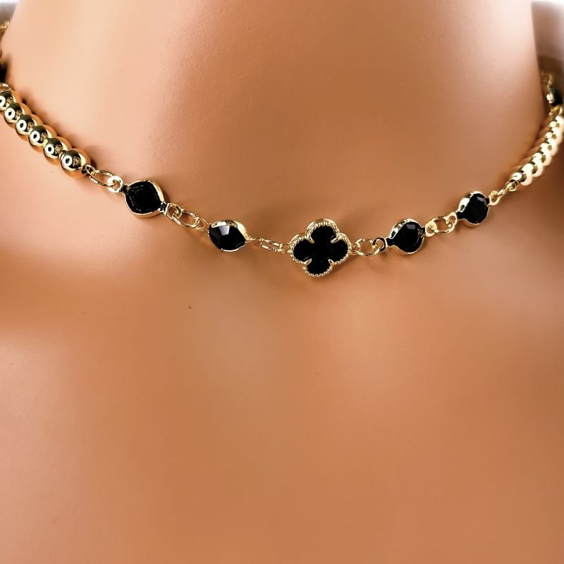 COLAR CHOKER FOLHEADO A OURO 18K - TREVO VIRGINIA PRETO