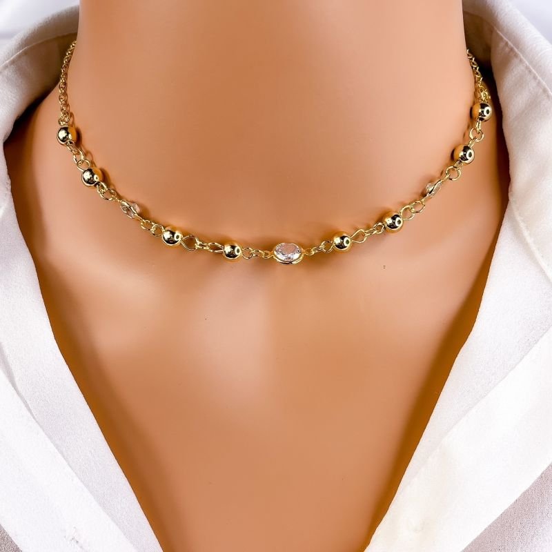 COLAR CHOKER FOLHEADO A OURO 18K - BOLINHAS COM PONTOS DE ZIRCONIA