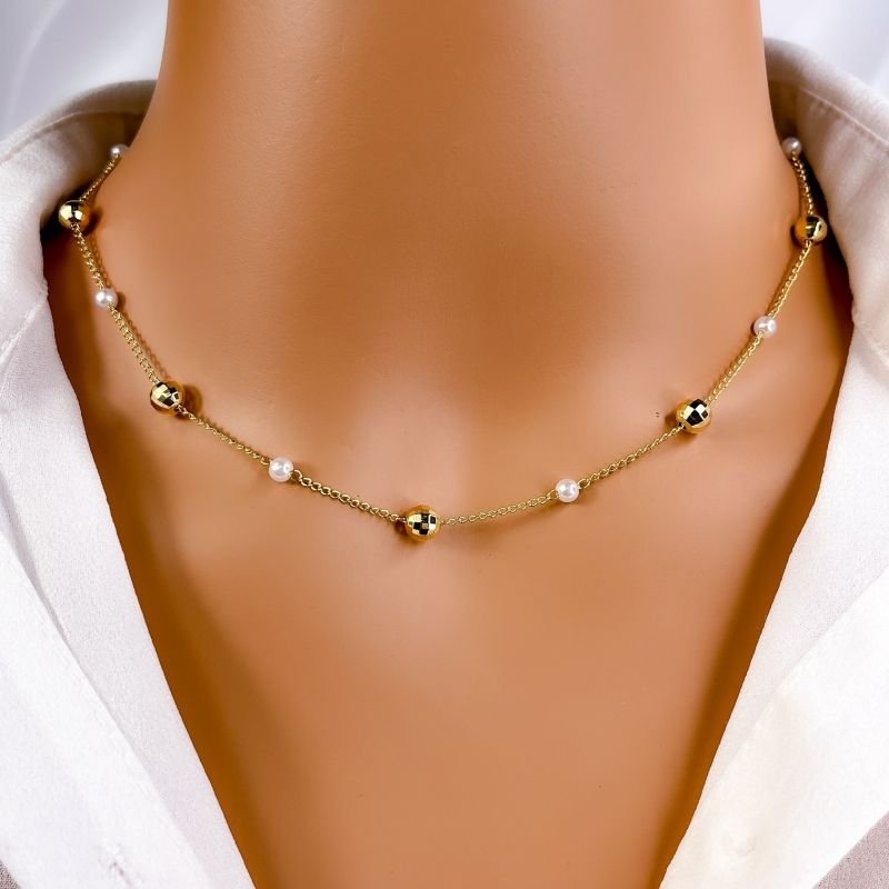 COLAR CHOKER FOLHEADO A OURO 18K - PEROLAS E BOLINHAS