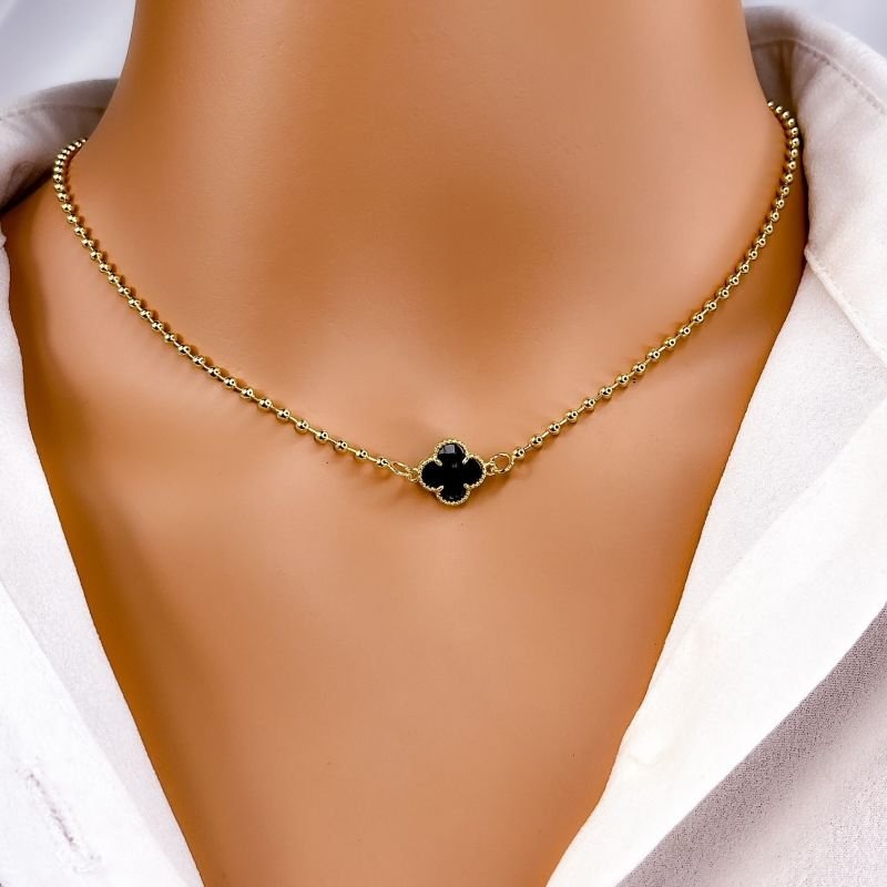 COLAR CHOKER FOLHEADO A OURO 18K - BOLINHAS TREVO PRETO VIRGINIA