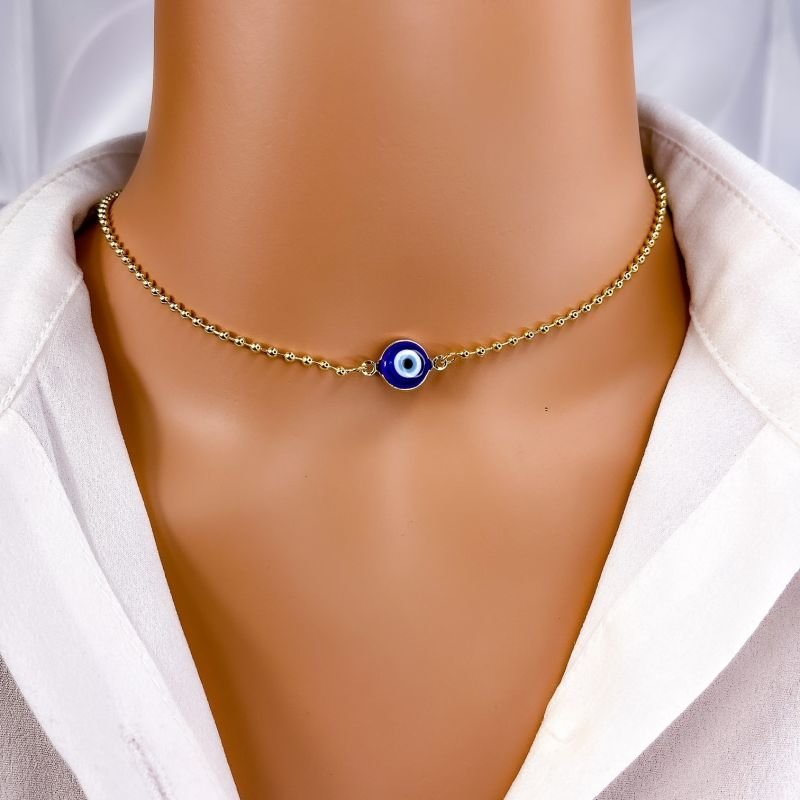 COLAR CHOKER FOLHEADO A OURO 18K - BOLINHAS OLHO GREGO