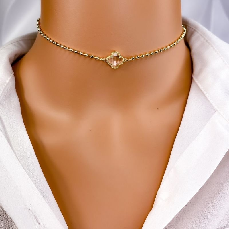COLAR CHOKER FOLHEADO A OURO 18K - BOLINHAS TREVO CRISTAL VIRGINIA