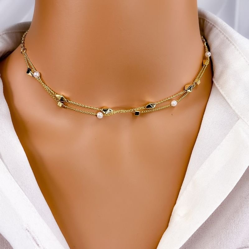 COLAR CHOKER FOLHEADO A OURO 18K - DOIS FIOS PEROLAS E LOSANGO