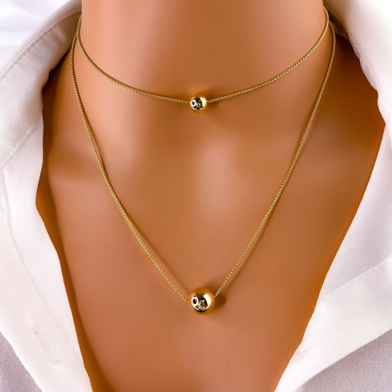 COLAR DUPLO FOLHEADO A OURO 18K - ESFERA MEDIA