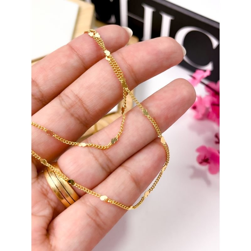 COLAR FOLHEADO A OURO - DUPLO CORRENTE MINI CORAÇÕES