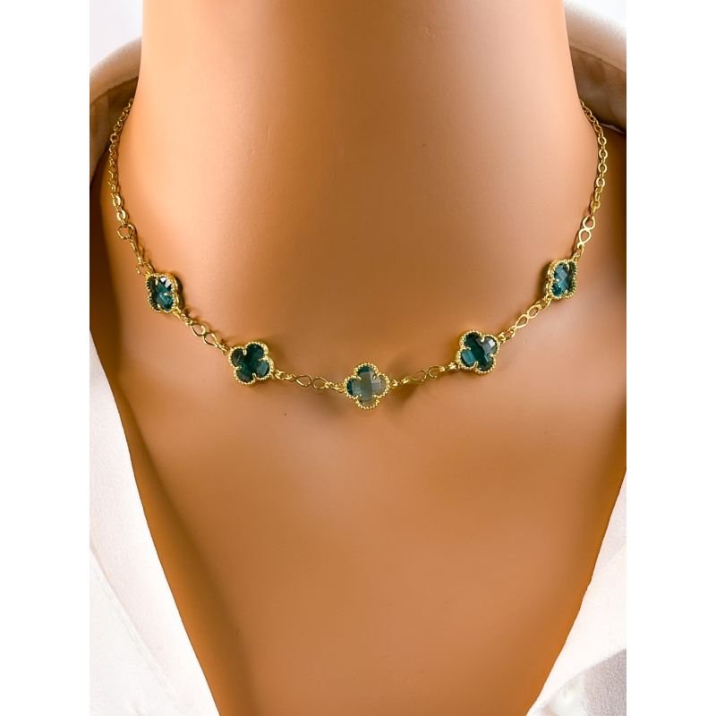 COLAR FOLHEADO A OURO - TREVO VIRGINIA AZUL TIFANY