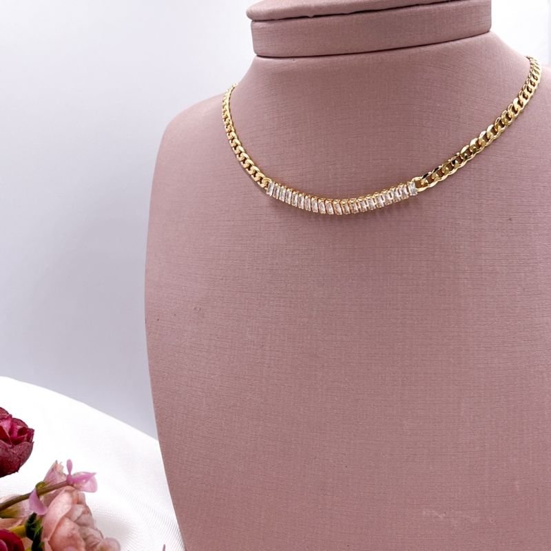 COLAR FOLHEADO A OURO 18K - CORRENTE LUXO COM ZIRCONIA BAGUETE CRISTAL
