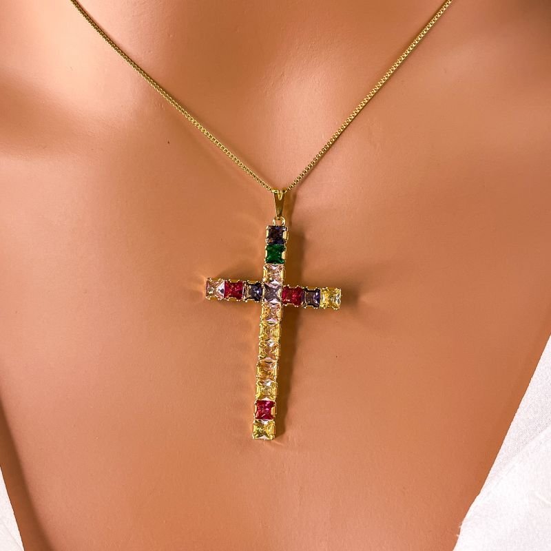COLAR FOLHEADO A OURO 18K - CRUZ ZIRCONIA