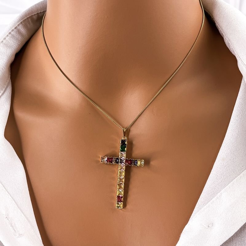 COLAR FOLHEADO A OURO 18K - CRUZ ZIRCONIA