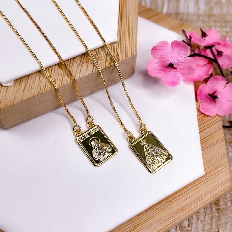 COLAR FOLHEADO A OURO 18K - ESCAPULÁRIO S. C. JESUS E NOSSA SENHORA