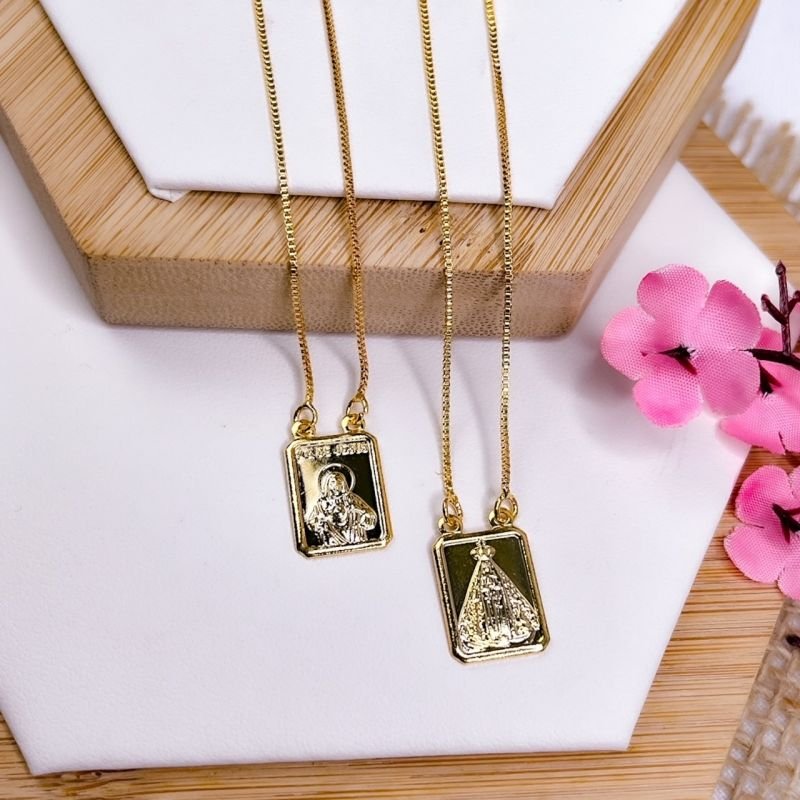 COLAR FOLHEADO A OURO 18K - ESCAPULÁRIO S. C. JESUS E NOSSA SENHORA