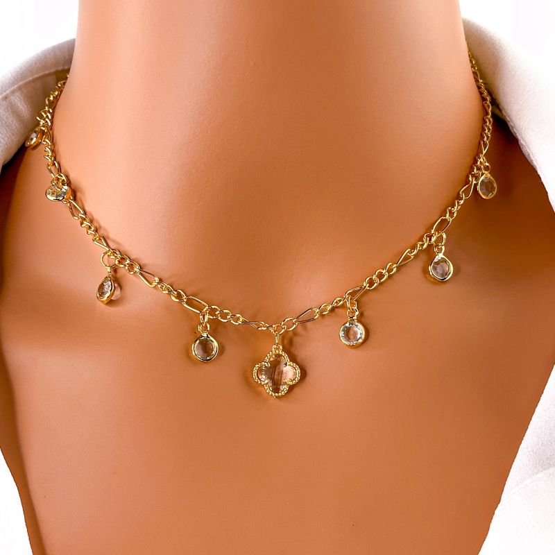 COLAR FOLHEADO A OURO 18K - TREVO CRISTAL