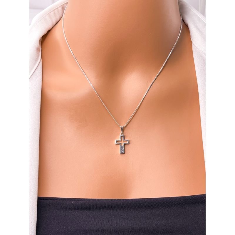 COLAR FOLHEADO A PRATA - PINGENTE CRUZ CRISTAL