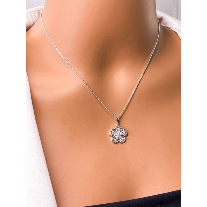 COLAR FOLHEADO A PRATA - PINGENTE FLOR ZIRCONIA