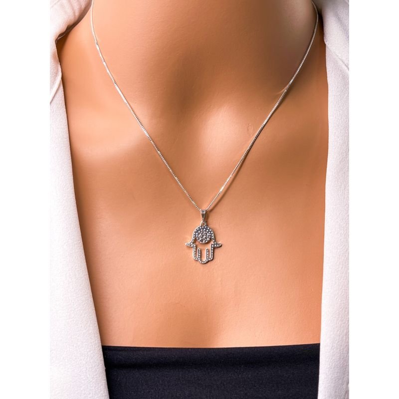 COLAR FOLHEADO A PRATA - PINGENTE MÃO HAMSA