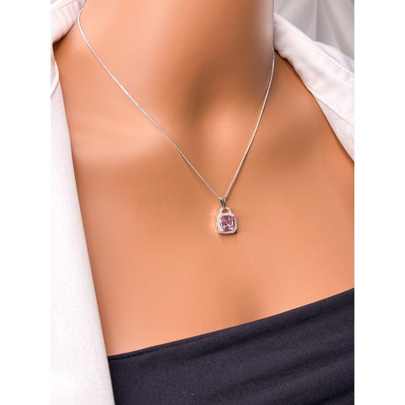 COLAR FOLHEADO A PRATA - PINGENTE ZIRCONIA ROSA