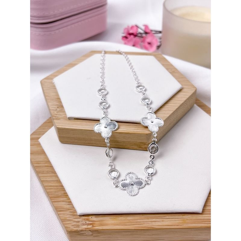 COLAR FOLHEADO A PRATA - TREVP COM PONTOS DE ZIRCONIA REDONDA CRISTAL
