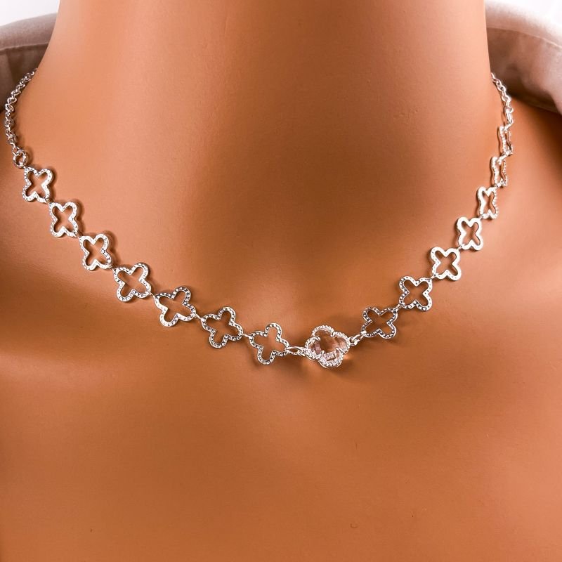 COLAR FOLHEADO A PRATA925 - TREVO COM PINGENTE CRISTAL