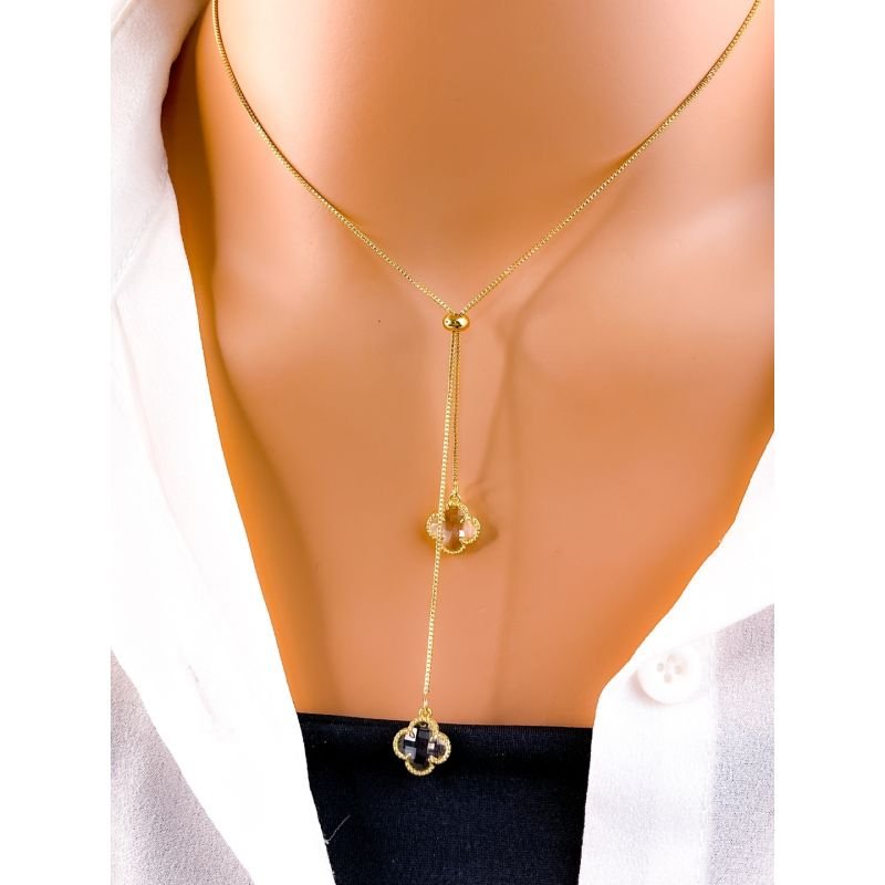 COLAR GRAVATA FOLHEADO A OURO - TREVO VIRGINIA CRISTAL