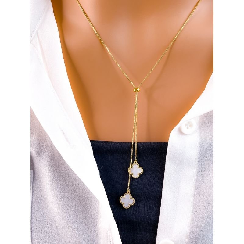 COLAR GRAVATA FOLHEADO A OURO 18K - TREVO VIRGINIA PEROLA