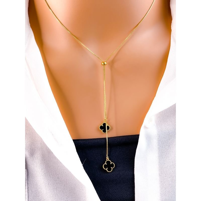 COLAR GRAVATA FOLHEADO A OURO 18K - TREVO VIRGINIA PRETO