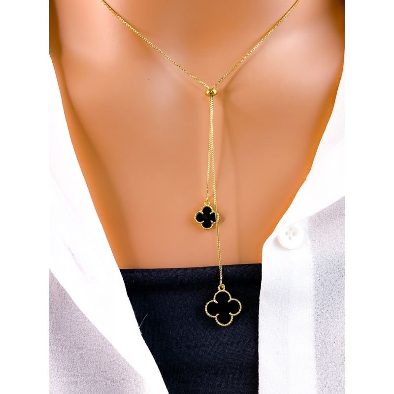 COLAR GRAVATA FOLHEADO A OURO 18K - TREVO VIRGINIA PRETO 2 TAMANHOS
