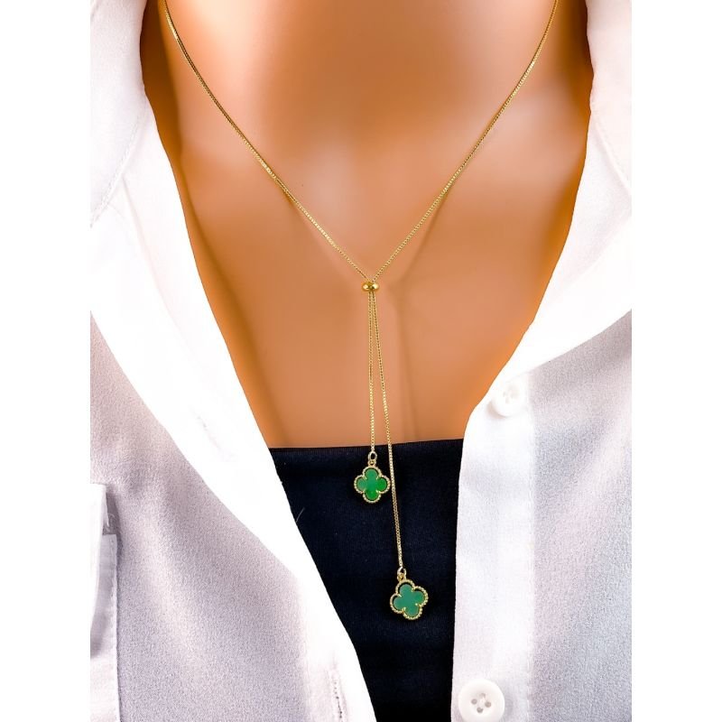 COLAR GRAVATA FOLHEADO A OURO 18K - TREVO VIRGINIA VERDE